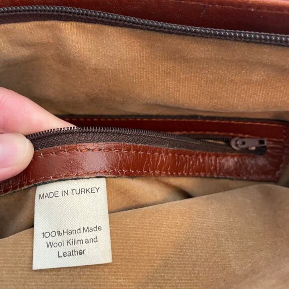 Vintage Turkish Wool Kilim Leather Camel Shoulder Bag Purse Brown Boho Artsy - Picture 10 of 13